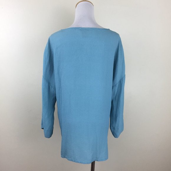 CITRON Textured Blue Multi-Color Patchwork Print 100% Silk Long Sleeve Shirt - Picture 9 of 10